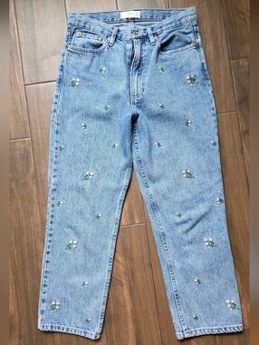 Mango Straight-Leg Cropped Jeans with Floral Embroidery